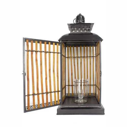 11" X 11" X 28.5" Gray with Distressed Wood Bamboo Metal Glass Glass Lantern