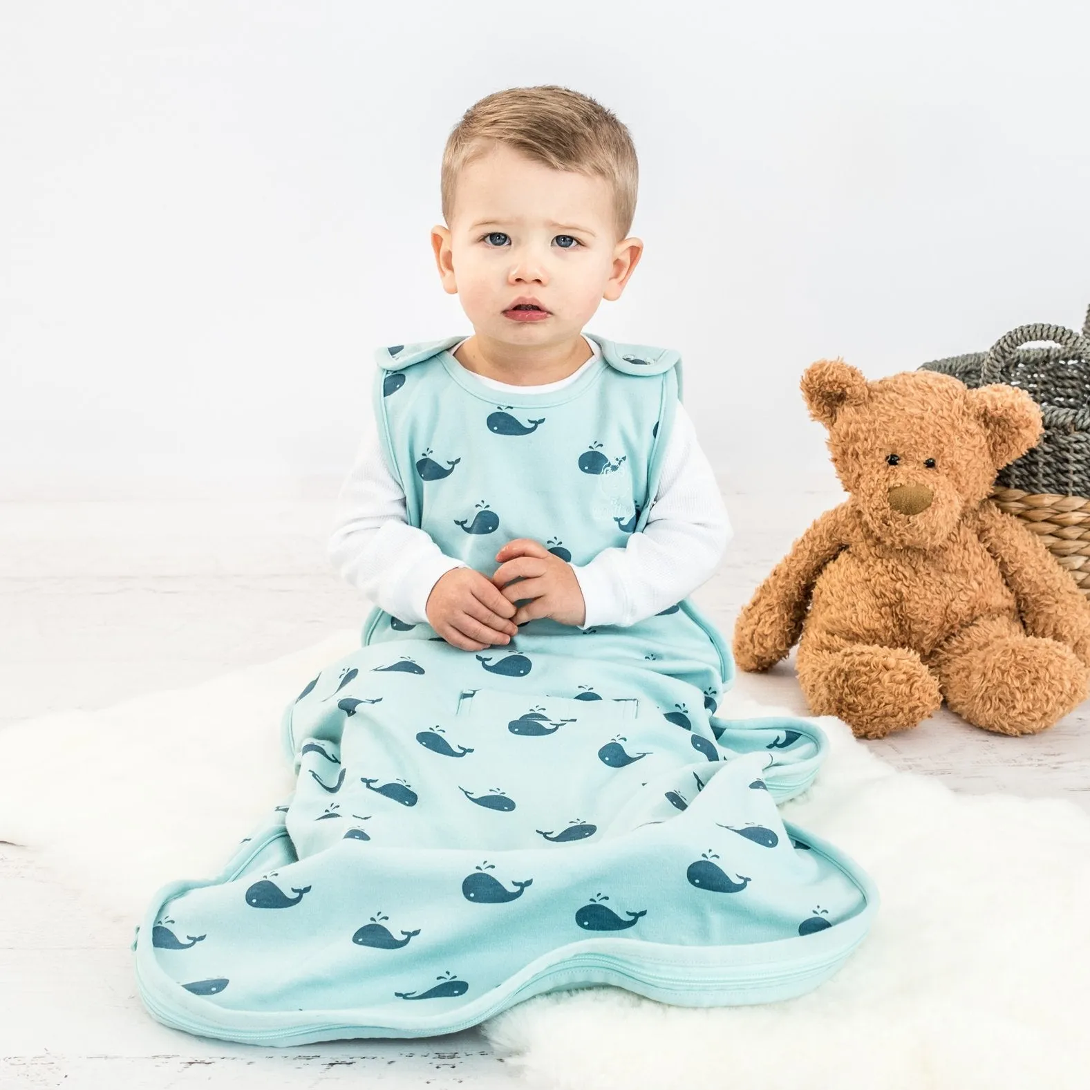 4 Season Ultimate Baby Sleep Bag, Merino Wool & Organic Cotton, 2 Months - 2 Years, Whales