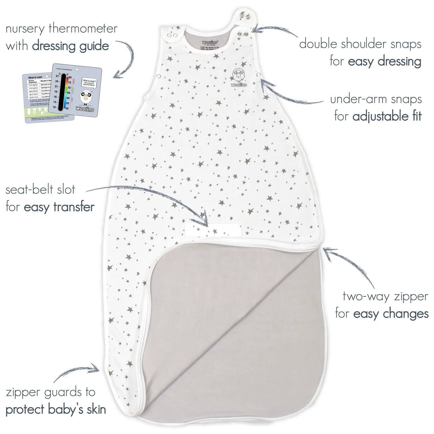 4 Season Ultimate Baby Sleep Bag, Merino Wool & Organic Cotton, 2 Months - 2 Years, Whales