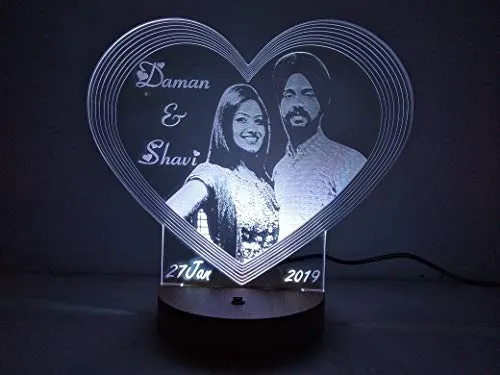 Apna Photo®Heart Shape 3D Illusion Photo Frame LED Lamp Multicolored 16 Color Changing Customized and Personalized with Any Photo and Name Perfect Wedding Anniversary Gift for Couples 20x18 cm