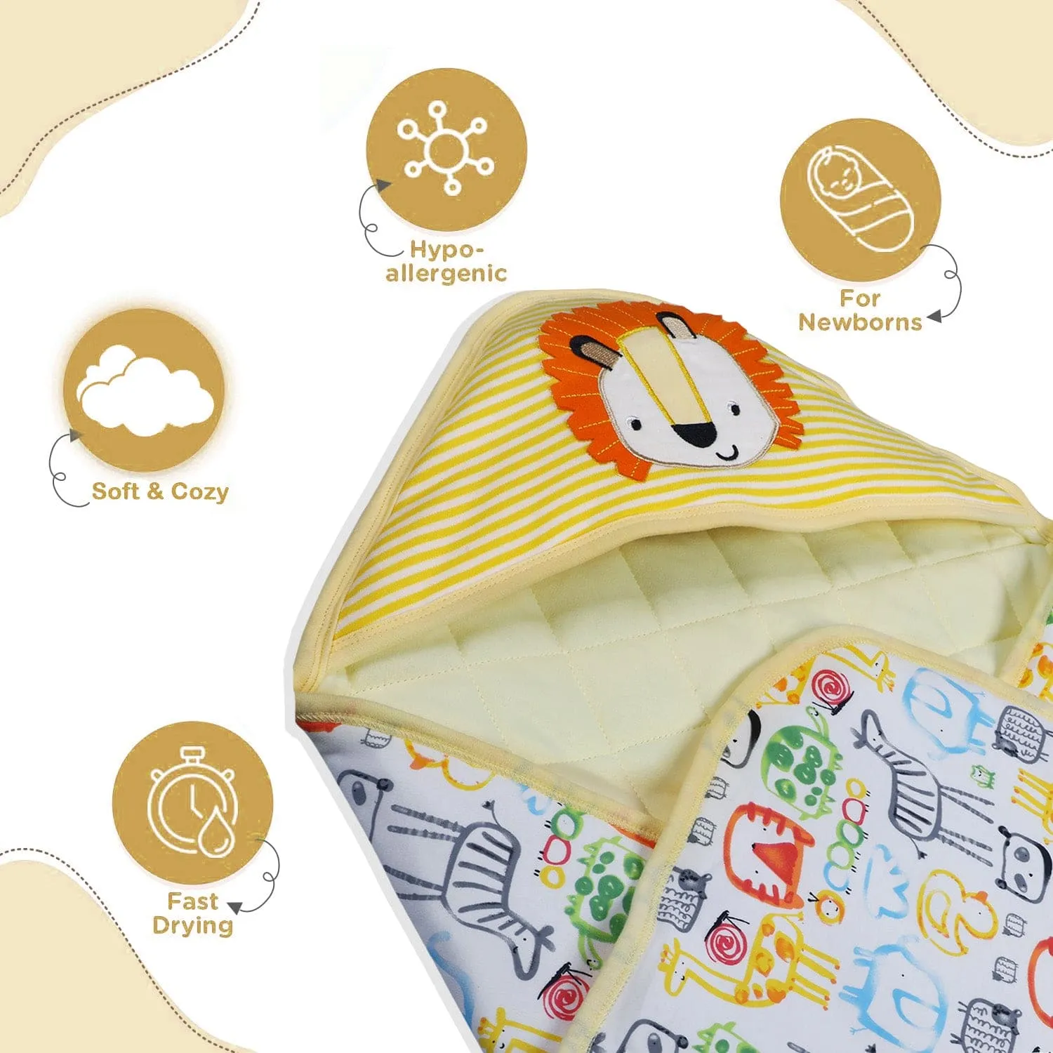 Baby Moo Roaring Lion Warm Hooded Quilted Wrapper - Yellow