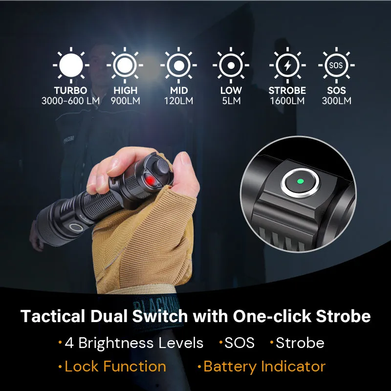 Brinyte PT16A 3000Lumens Tactical Light Dual Tail Switch/Strobe/ SOS /Glass Breaker Tips