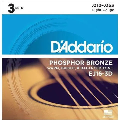 D'Addario EJ16-3D 3-Pack Phosphor Bronze 12 - 53 Acoustic Guitar Strings