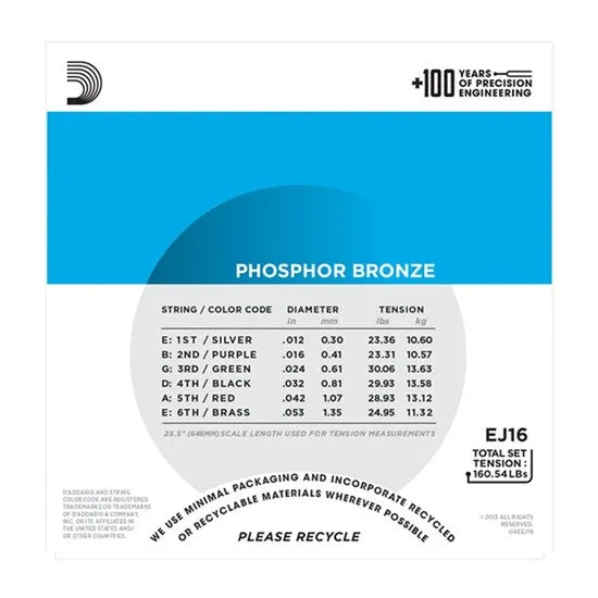 D'Addario EJ16 Phosphor Bronze Acoustic Guitar Strings 12-53