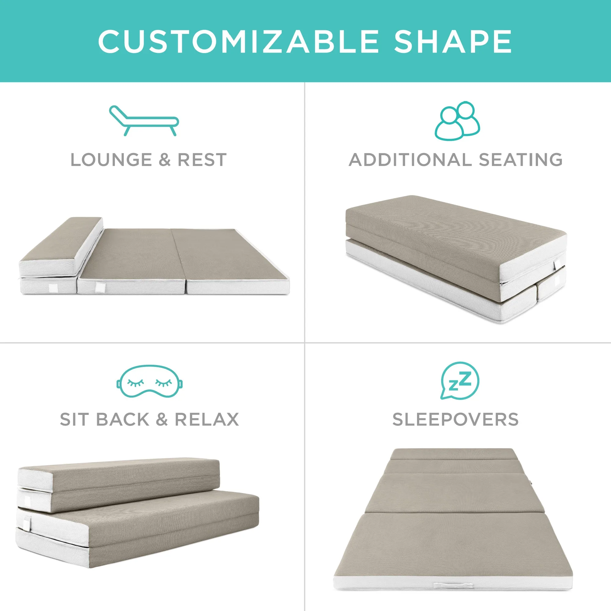 Folding Portable Taupe Mattress Topper w/ Plush Foam - 4in