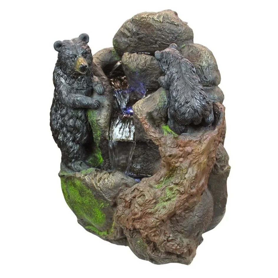 Grizzly Gulch Two Black Bears Sculptural Fountain With LED