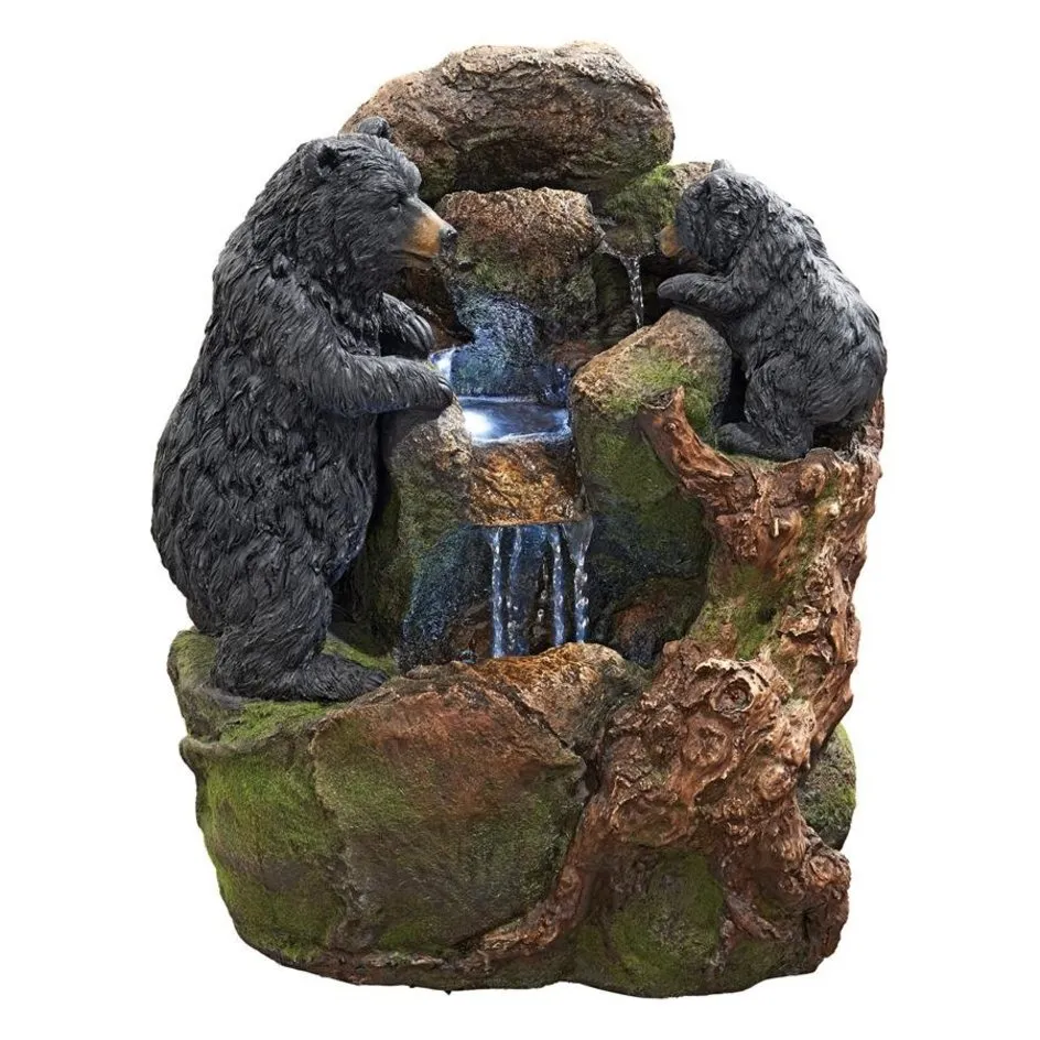 Grizzly Gulch Two Black Bears Sculptural Fountain With LED