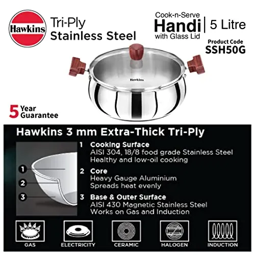 Hawkins 5 Litre Cook n Serve Handi, Triply Stainless Steel Handi with Glass Lid, Induction Sauce Pan, Biryani Handi, Saucepan, Silver (SSH50G)