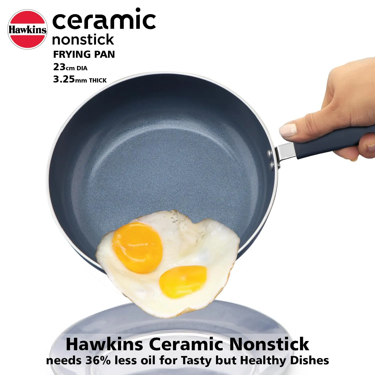 Hawkins Ceramic Nonstick Frying Pan, 23 cm Diameter, Induction Fry Pan with Glass Lid, Granite Omlette Egg Pan, Fish Pan, Blue (ICF23G)