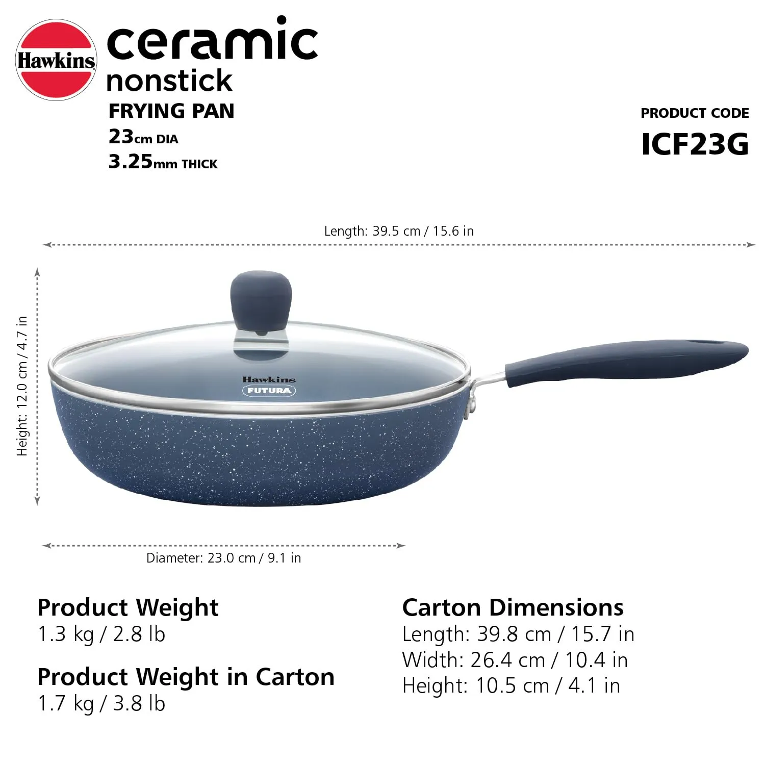 Hawkins Ceramic Nonstick Frying Pan, 23 cm Diameter, Induction Fry Pan with Glass Lid, Granite Omlette Egg Pan, Fish Pan, Blue (ICF23G)