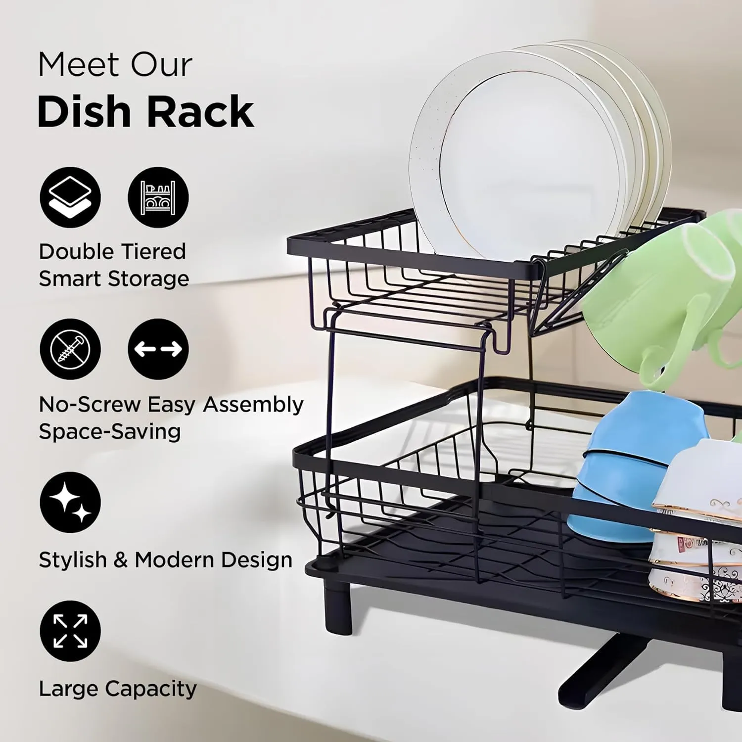 Kuber Industries 2 Tier Iron Kitchen Rack with Utensils Basket Drainer | Dish Drainer Basket for Kitchen | Multipurpose Kitchen Stand | Large Capacity| Space Saving| Black