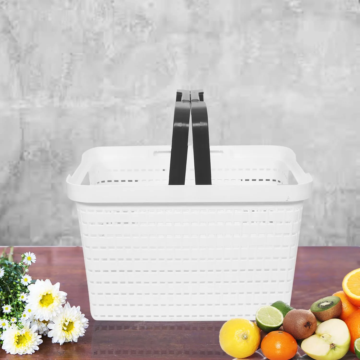 Kuber Industries Basket | Plastic Fruits Storage Basket | Picnic Storage Basket | Kitchen Storage Basket | Stationery Storage Basket | FLORA-222 | Pack of 2 | White & Gray