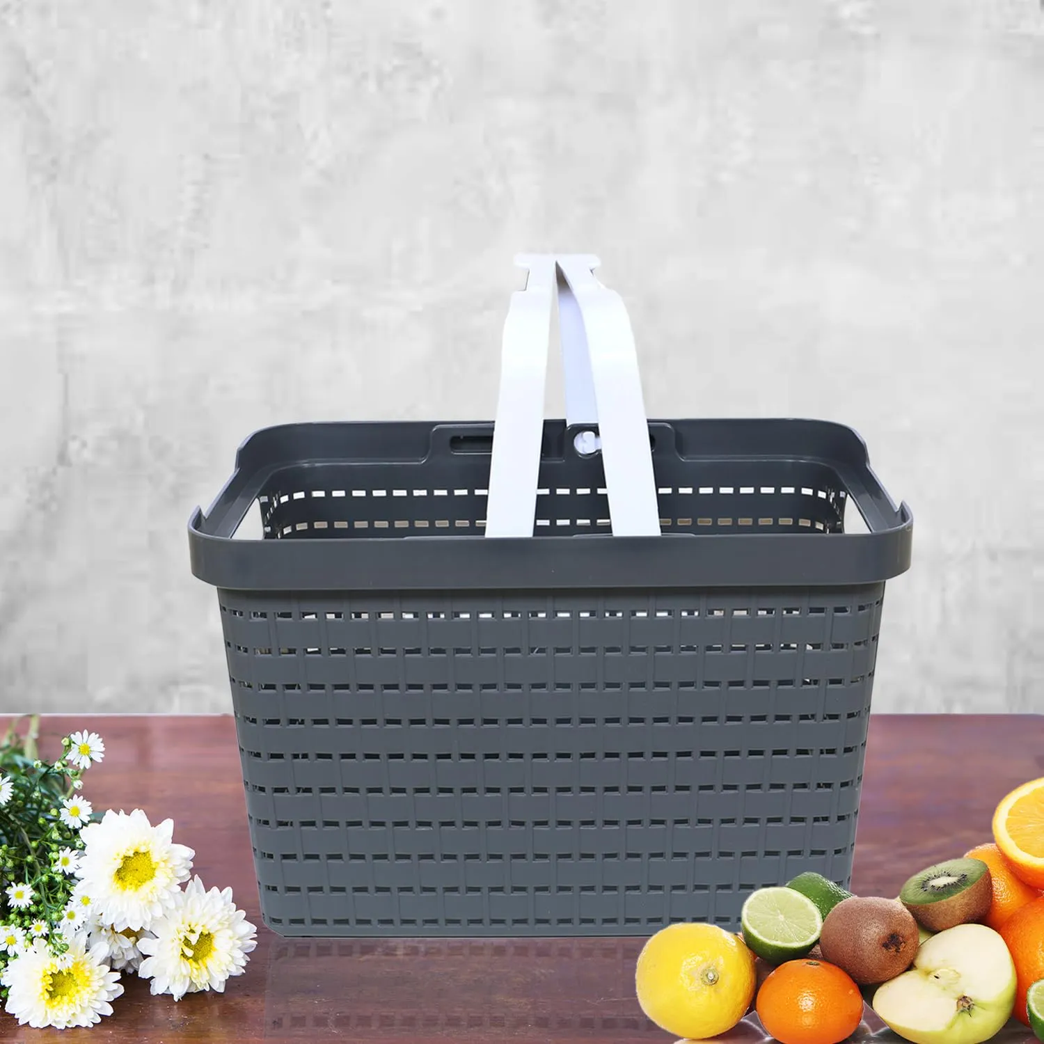 Kuber Industries Basket | Plastic Storage Basket for Fruits | Storage Basket for Picnic | Storage Basket for Kitchen | Stationery Storage Basket | FLORA-222 | Pack of 3 | Gray