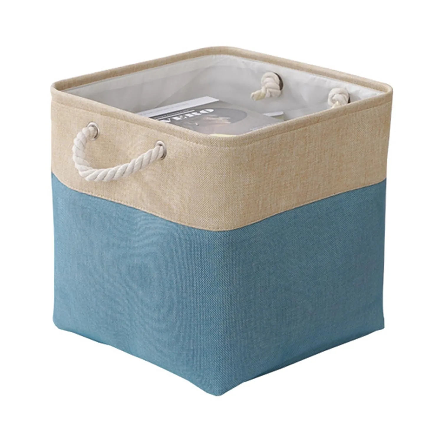 Kuber Industries Sqaure Storage Basket With Handle|Foldable Storage Organizer|Idol For Home D?cor, Storing Toys, Kids Clothes (Khaki-Blue)