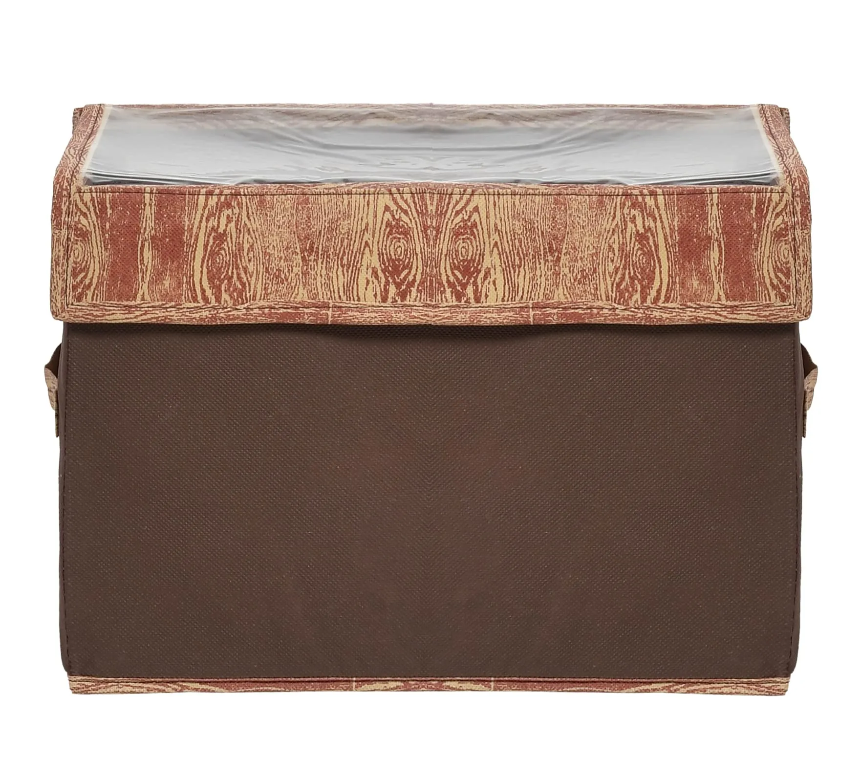 Kuber Industries Wooden Design Foldable Small Non-Woven Storage Box|Tranasparent Lid|Durable Handles|Size 35 x 18 x 22 CM (Brown)-44KM0430, Rectangular