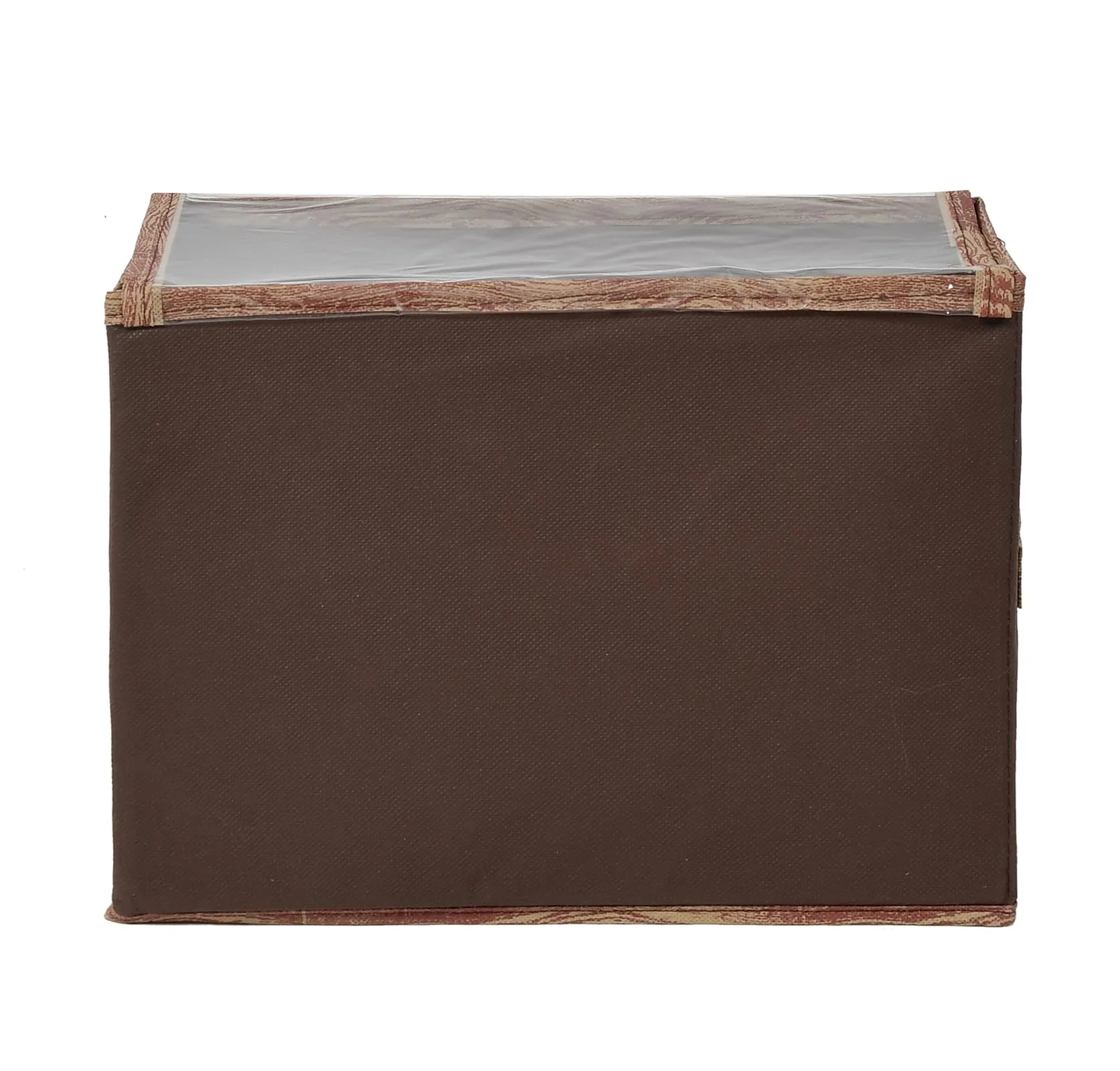 Kuber Industries Wooden Design Foldable Small Non-Woven Storage Box|Tranasparent Lid|Durable Handles|Size 35 x 18 x 22 CM (Brown)-44KM0430, Rectangular