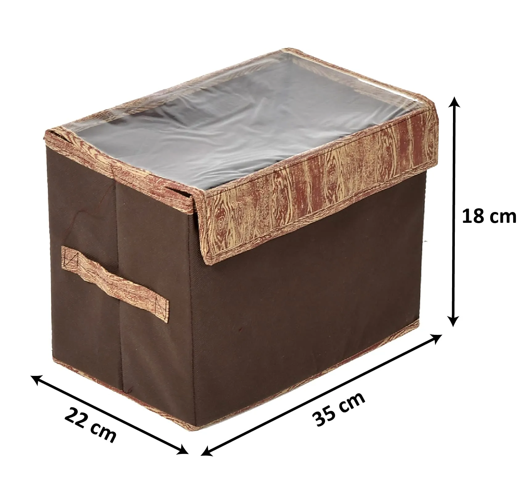 Kuber Industries Wooden Design Foldable Small Non-Woven Storage Box|Tranasparent Lid|Durable Handles|Size 35 x 18 x 22 CM (Brown)-44KM0430, Rectangular