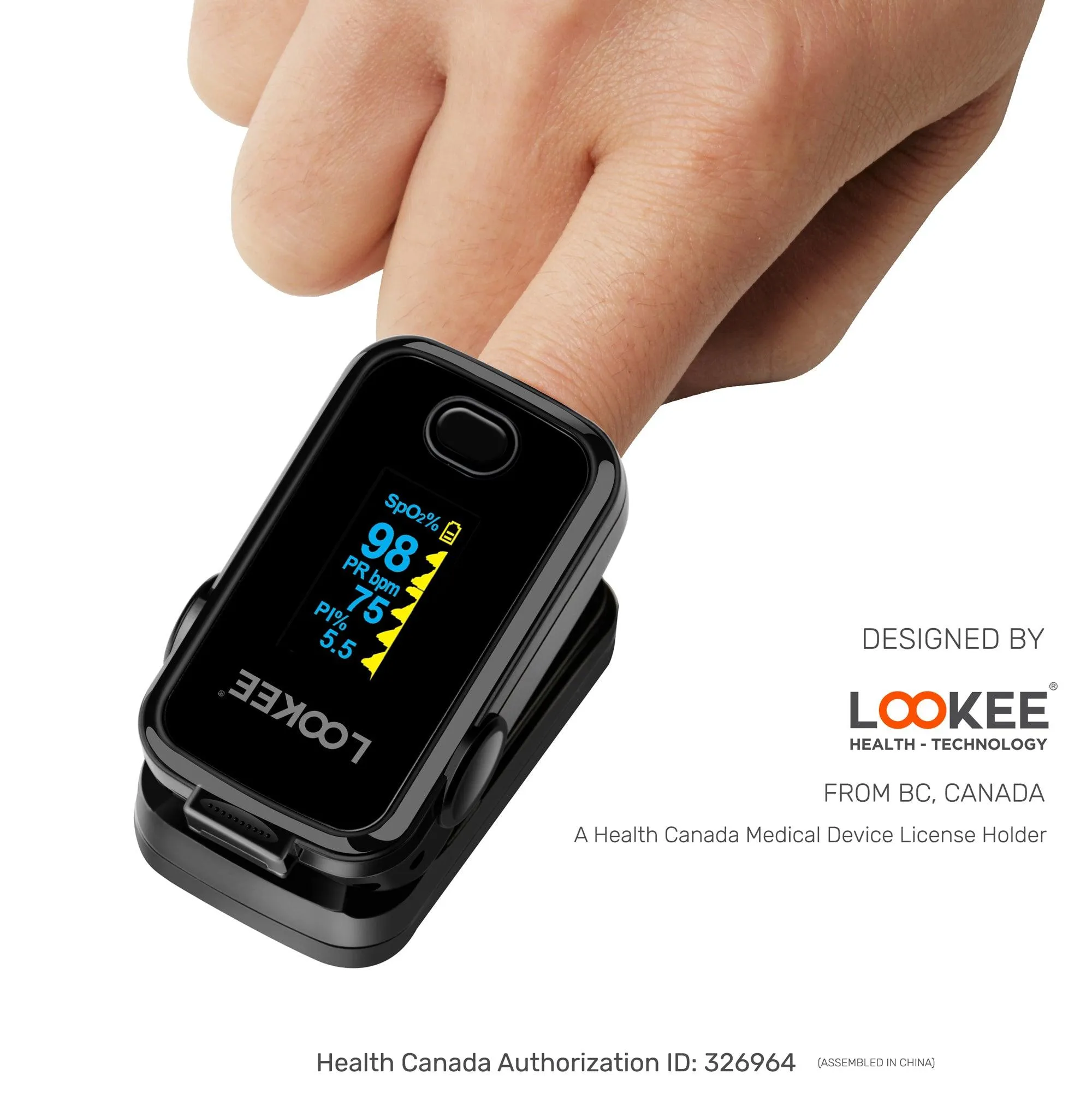 LOOKEE® A310L Premium Fingertip Pulse Oximeter | Finger SpO2 Blood Oxygen Saturation Monitor with Alarm and Perfusion Index | Available in Canada Only