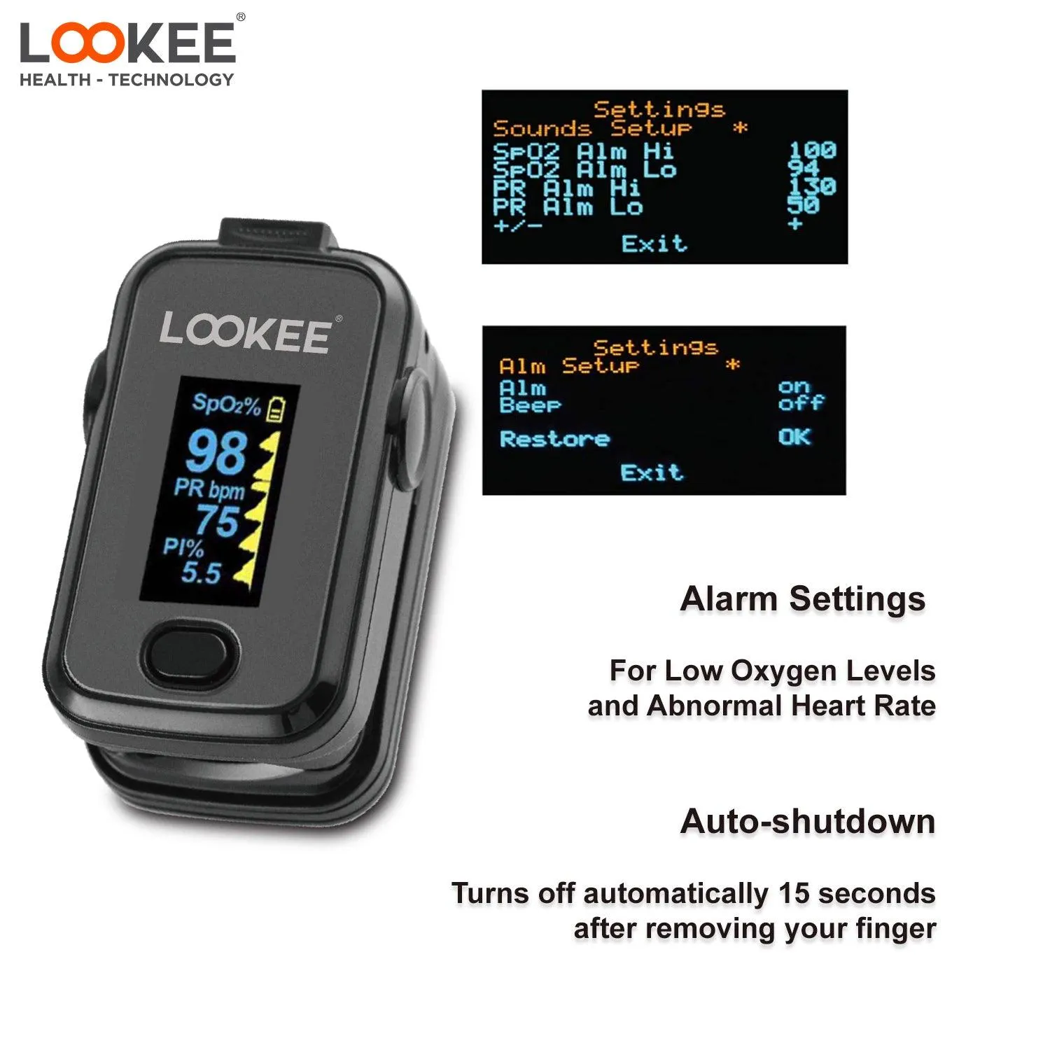 LOOKEE® A310L Premium Fingertip Pulse Oximeter | Finger SpO2 Blood Oxygen Saturation Monitor with Alarm and Perfusion Index | Available in Canada Only