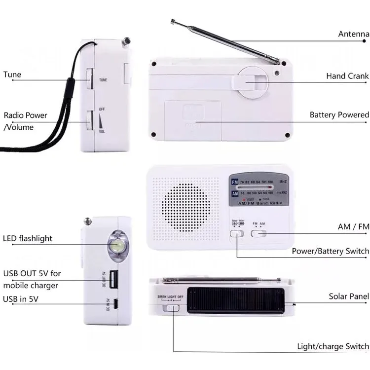 Multi-function Portable Solar / Cranked Dynamo Power LED Flashlight with AM/FM Radio & Mobile Phone Charger