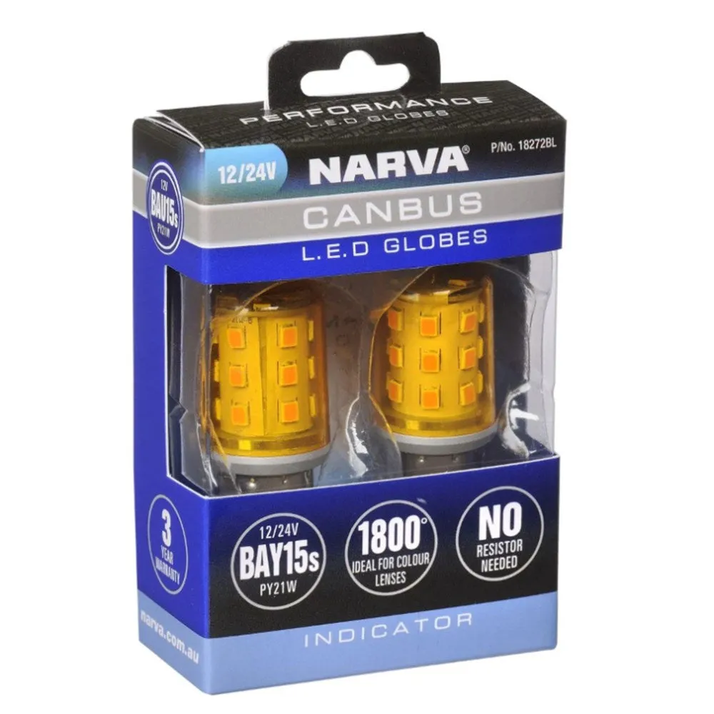 Narva 18272BL 12V PY21W BAU15S Bayonet CANBUS Compatible LED Turn Signal Indicator Globes - Twin Pack