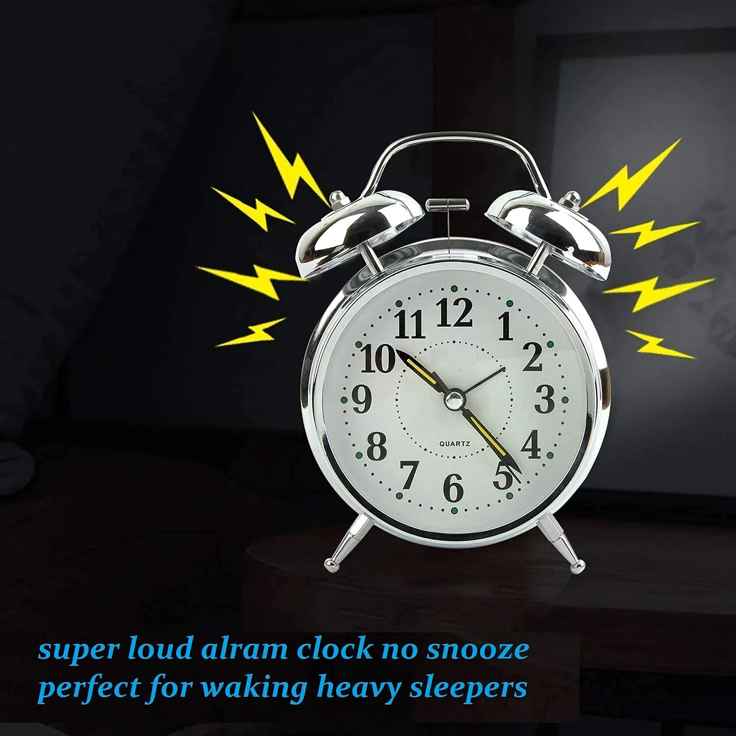 OVEERA Twin Bell Copper Table Alarm Clock with Night LED Light for Student for Kids Bedroom, Wall Mounte (Color-Silver)