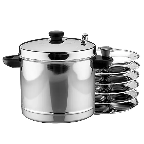 Pigeon Classic Stainless Steel Idli Cooker with Whistle Indicator | Idly Cooker Pot | Steel Idli Maker with Silver Lid - 6 Plates (for 24 Idlies)