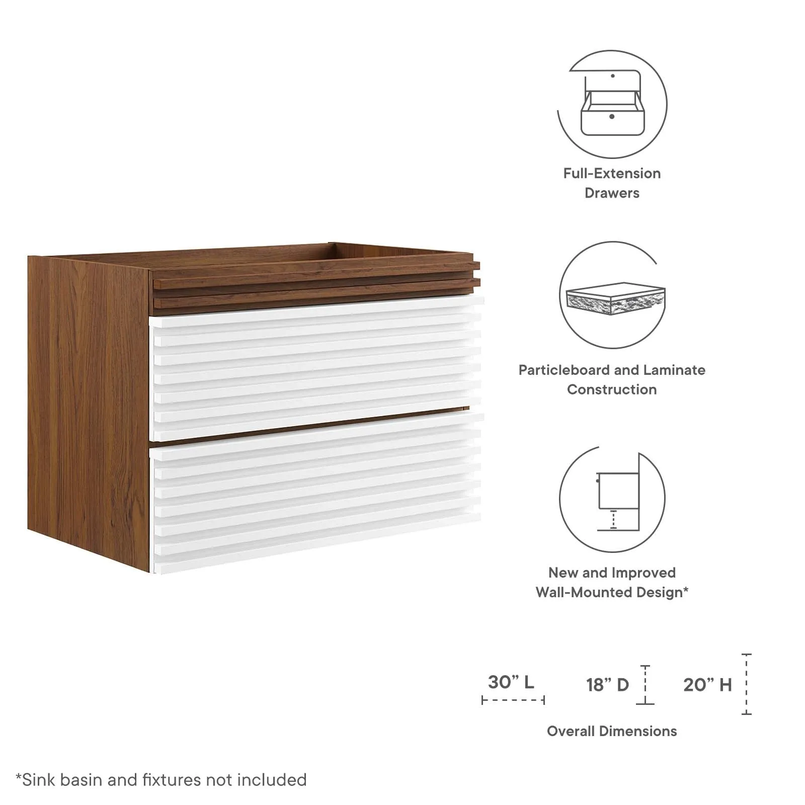 Render 30" Wall-Mount Bathroom Vanity Cabinet (Sink Basin Not Included)