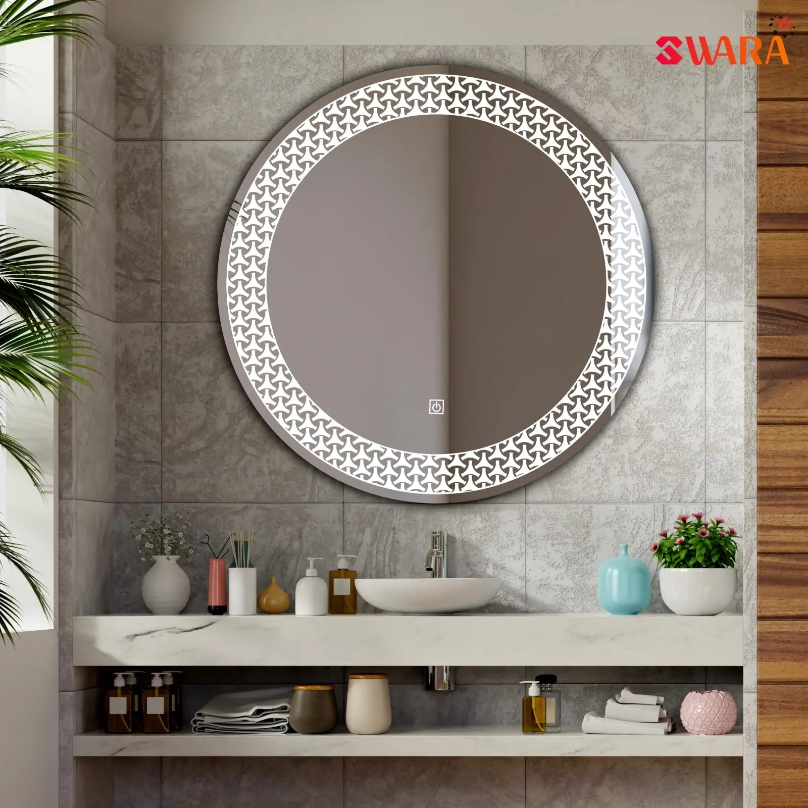 Round LED Wall Mirror for Bathroom,Wash Basin Mirror 3 LED Lights (Warm,White,Natural White, Size 24x24 Inch