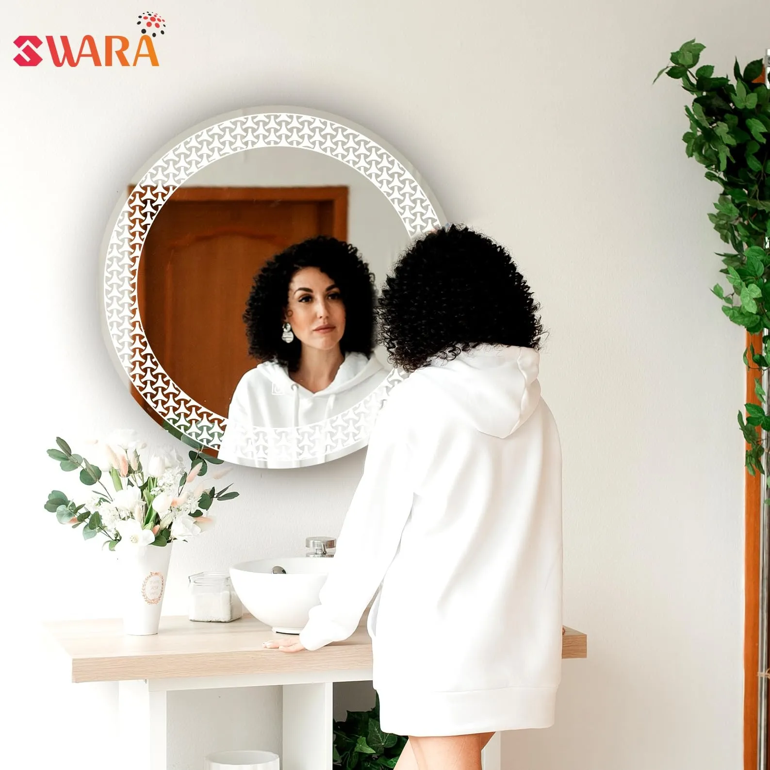 Round LED Wall Mirror for Bathroom,Wash Basin Mirror 3 LED Lights (Warm,White,Natural White, Size 24x24 Inch