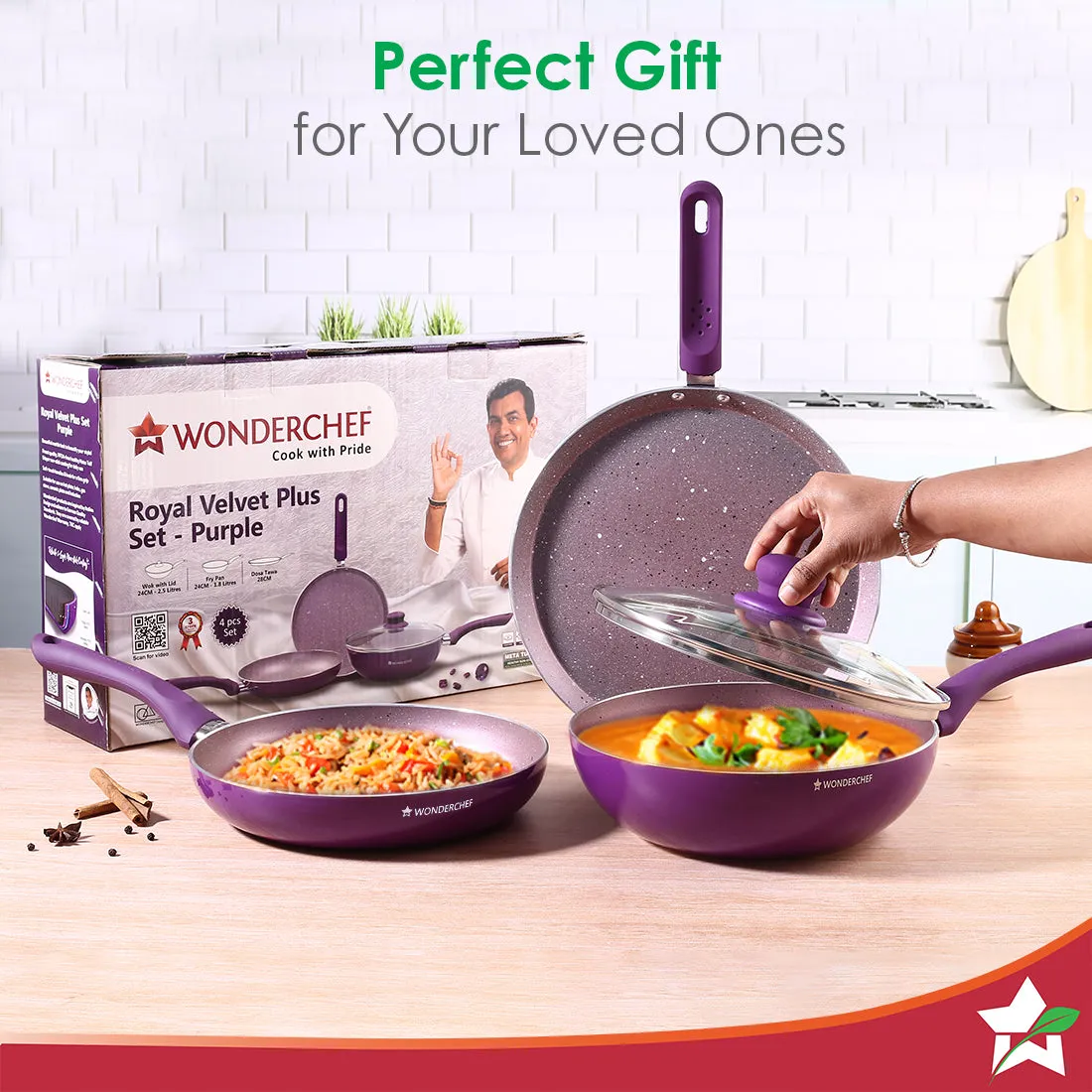 Royal Velvet Non-stick Cookware Set, 4Pc (Fry Pan with Lid, Wok, Dosa Tawa) 3mm, 2 Years Warranty, Purple