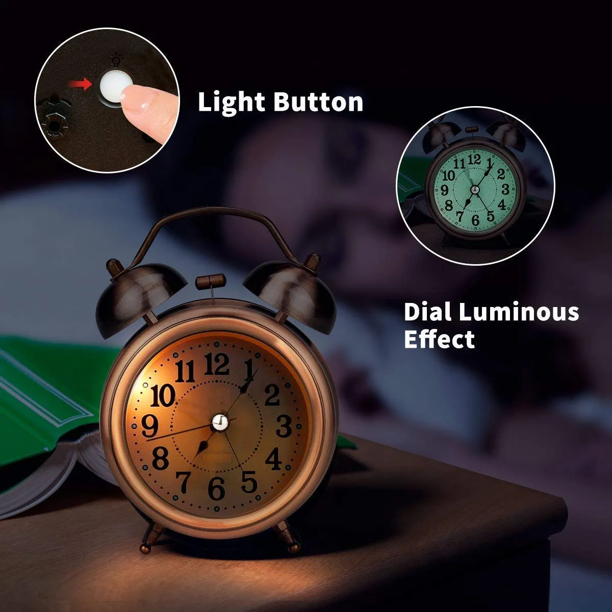 SETON Twin Bell Copper Table Alarm Clock with Night Led Light - Alarm Clock for Student for Kids Bedroom | Alarm Clocks for Heavy Sleepers