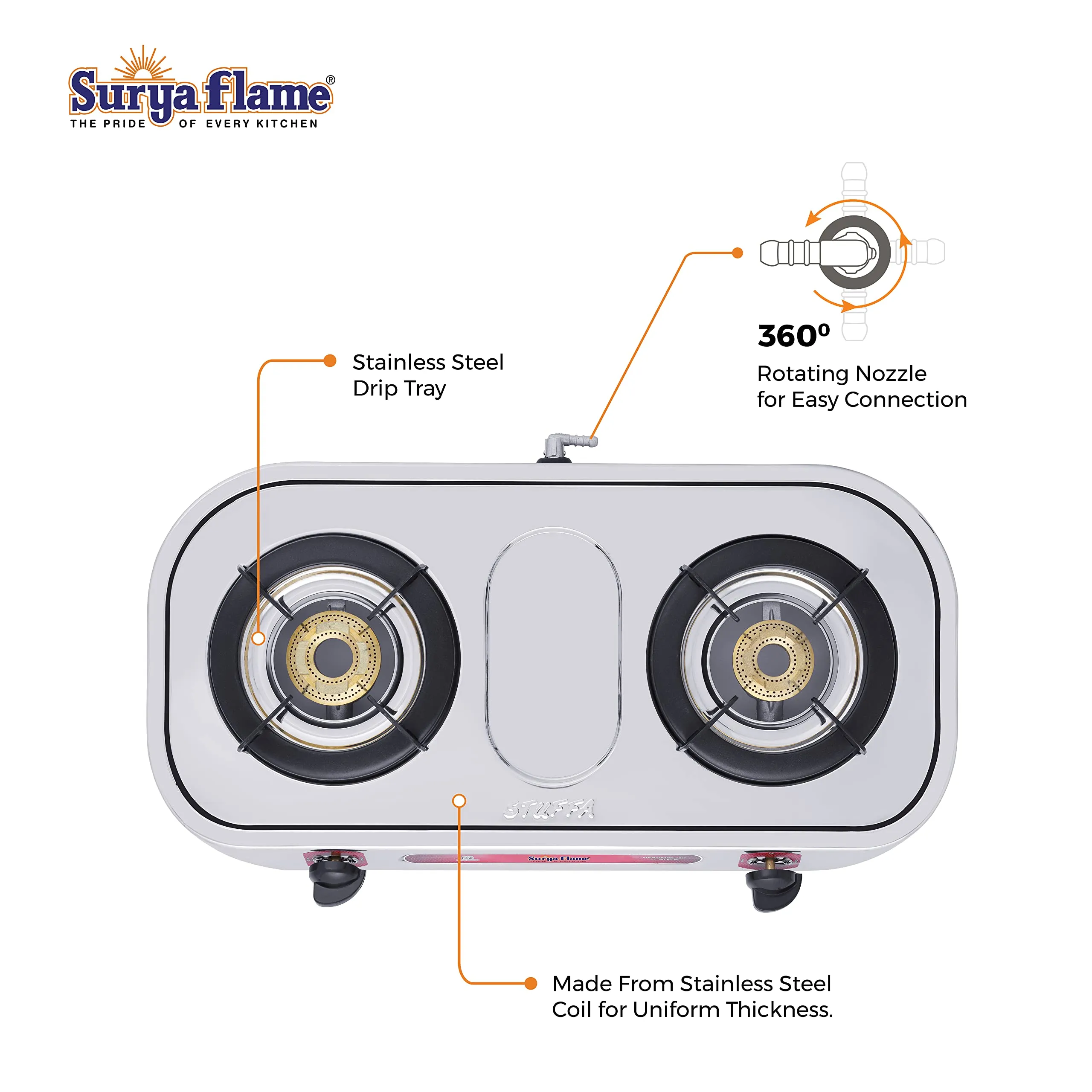 Surya Flame Costa Gas Stove 2 Burners | Stainless Steel Body | Manual LPG Stove | Sleek Body Design With Anti Skid Rubber Legs - 2 Years Complete Doorstep Warranty(Pack of 2)