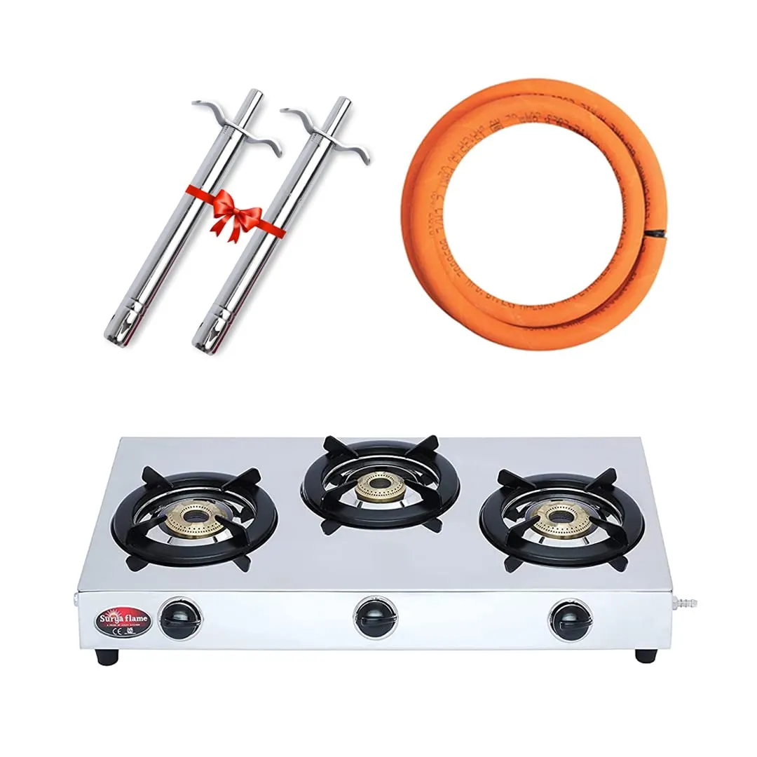 Surya Flame Triple Cook Gas Stove 3 Burners Manual LPG Gas Stove | LPG Gas Dual Layer Rubber Hose Pipe 1.5M | Chrome Stainless Steel Gas Lighter (Pack of 2)