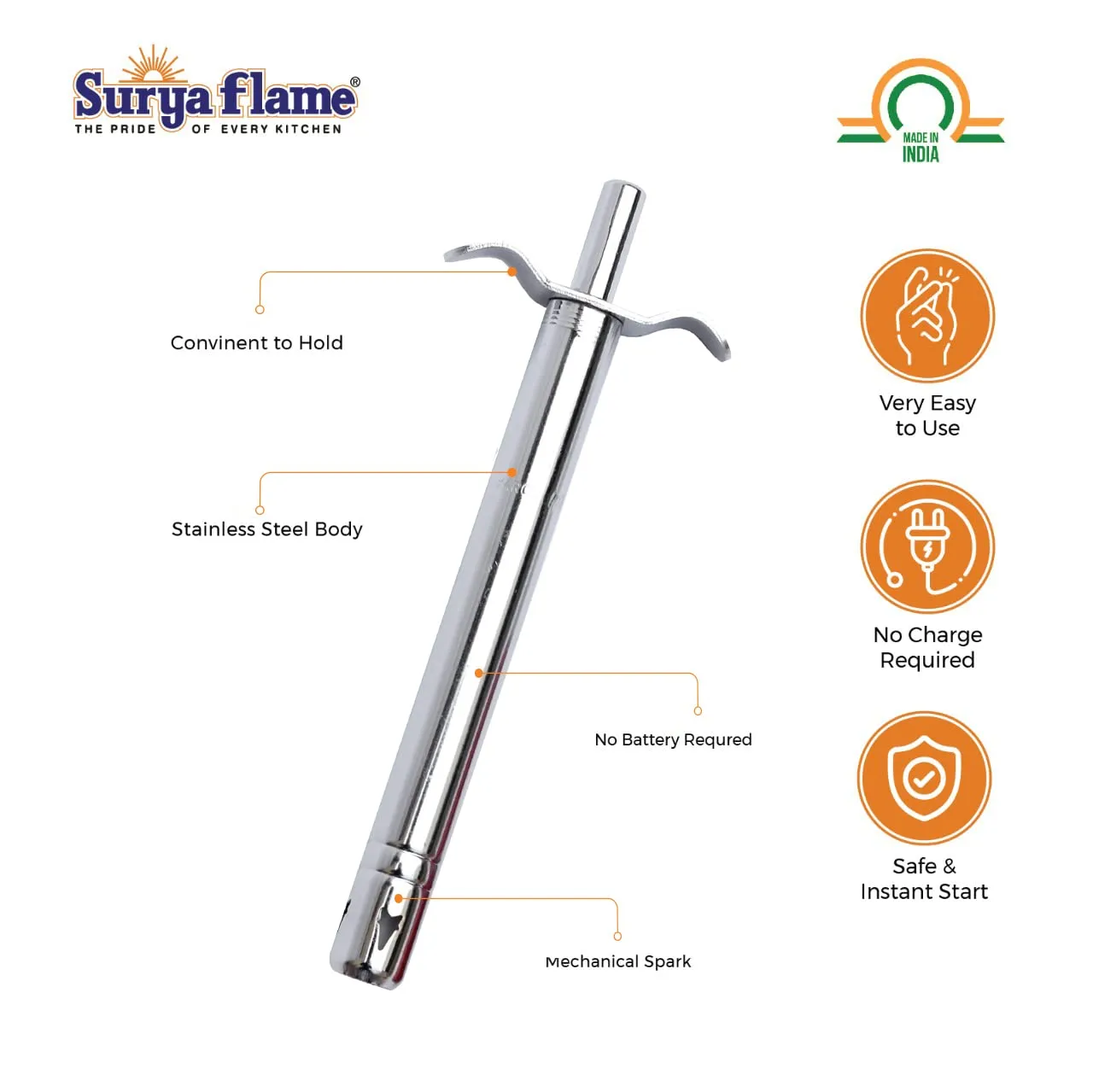 Surya Flame Triple Cook Gas Stove 3 Burners Manual LPG Gas Stove | LPG Gas Dual Layer Rubber Hose Pipe 1.5M | Chrome Stainless Steel Gas Lighter (Pack of 2)