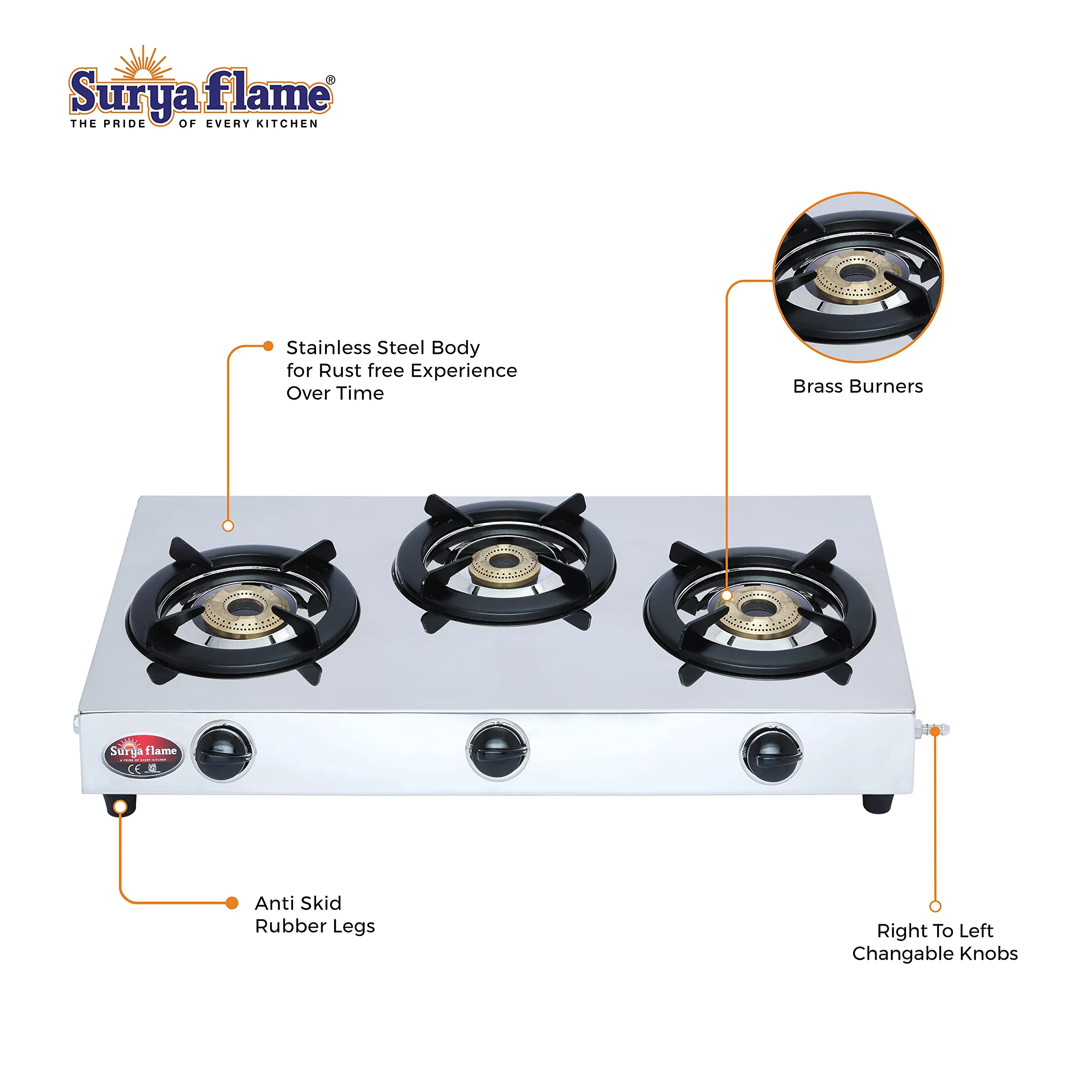 Surya Flame Triple Cook Gas Stove 3 Burners Manual LPG Gas Stove | LPG Gas Dual Layer Rubber Hose Pipe 1.5M | Chrome Stainless Steel Gas Lighter (Pack of 2)