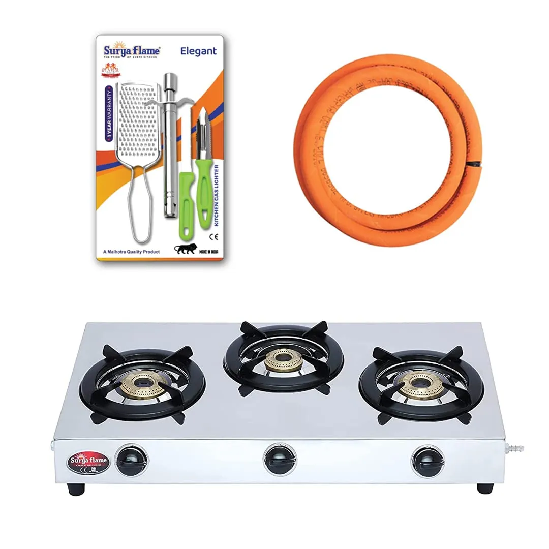 Surya Flame Triple Cook Gas Stove 3 Burners Manual LPG Gas Stove | LPG Gas Dual Layer Rubber Hose Pipe 1.5M | Elegant Gas Stove Lighter With Knife, Peeler Knife and Shredder (Pack of 4)