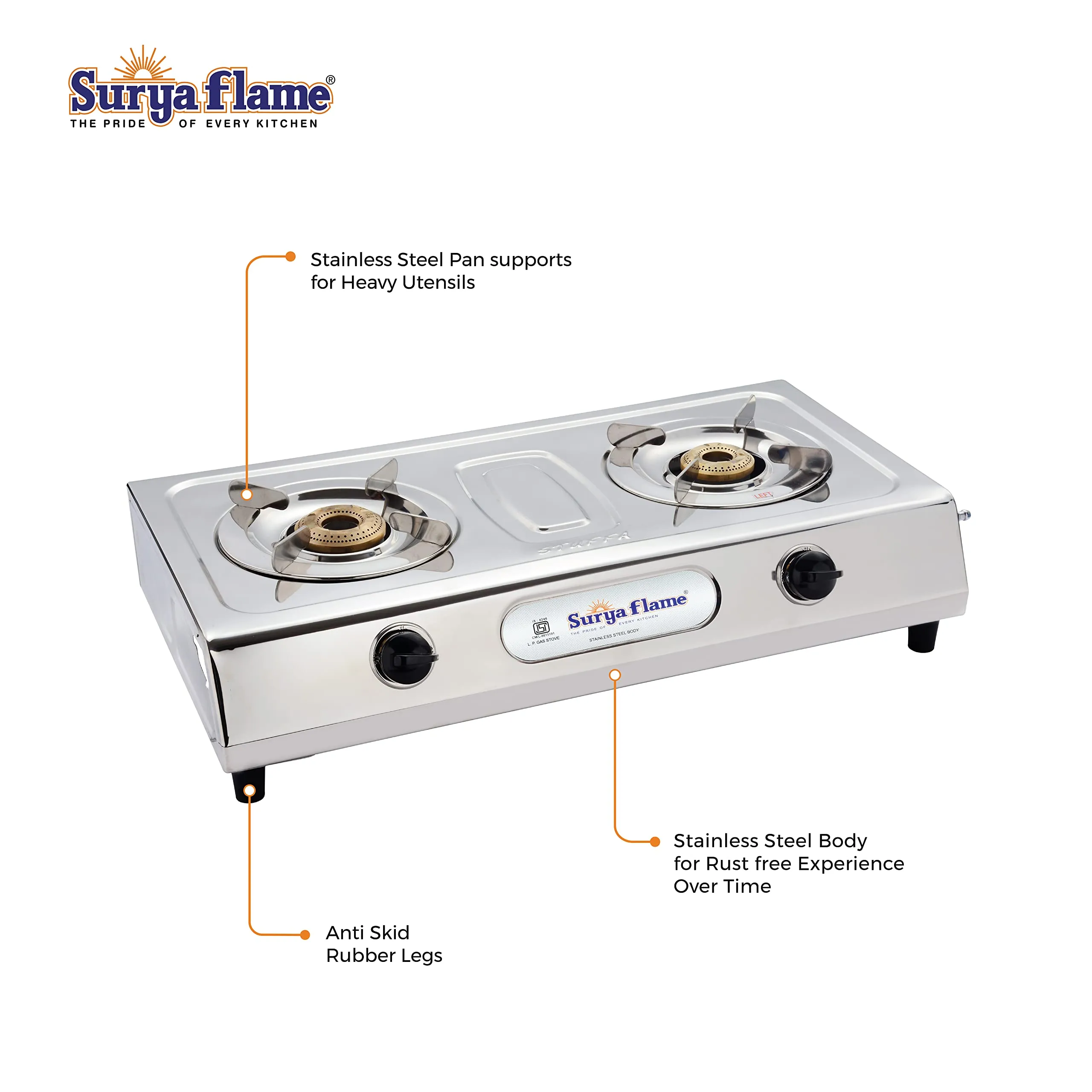 Surya Flame Ultimate Gas Stove 2 Burners Manual LPG Stove | LPG Gas Dual Layer Rubber Hose Pipe 1.5M | Chrome Stainless Steel Gas Lighter (Pack of 2)