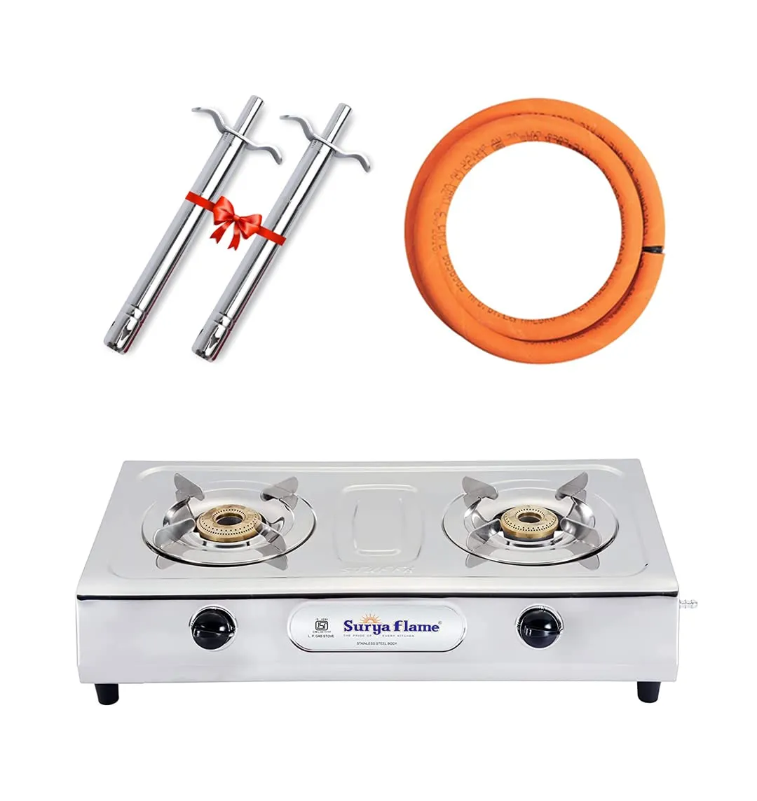 Surya Flame Ultimate Gas Stove 2 Burners Manual LPG Stove | LPG Gas Dual Layer Rubber Hose Pipe 1.5M | Chrome Stainless Steel Gas Lighter (Pack of 2)