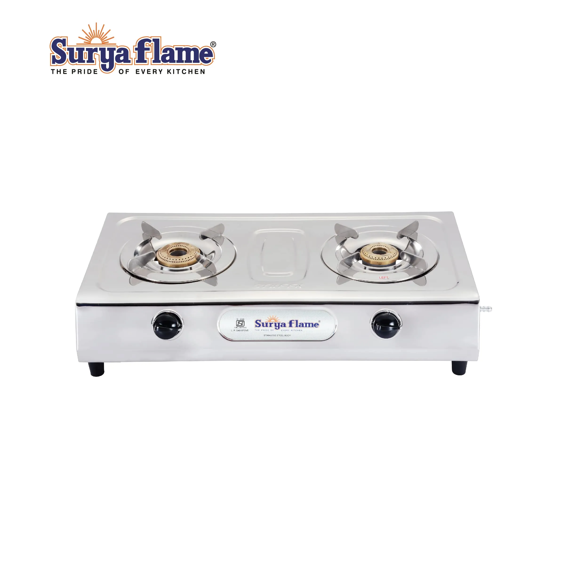 Surya Flame Ultimate Gas Stove 2 Burners Manual PNG Stove | LPG Gas Dual Layer Rubber Hose Pipe 1.5M | Chrome Stainless Steel Gas Lighter (Pack of 2)