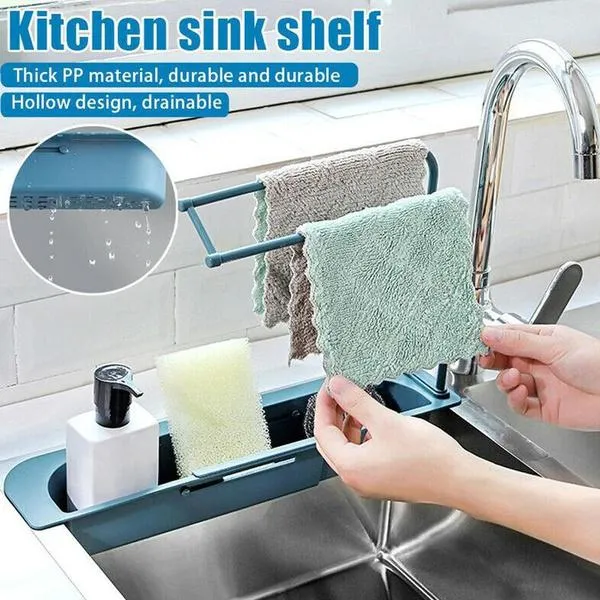 Telescopic Adjustable Faucet Rack Dish Brushes Sponge Storage Shelves Sink Drain