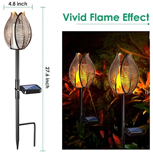 TomCare Solar Lights Outdoor Flickering Flame Solar Garden Lights Metal Flower Lights with Stake Solar Powered Decorative Solar Pathway Lights Waterproof Garden Decor for Outside Yard Patio, 2 Pack