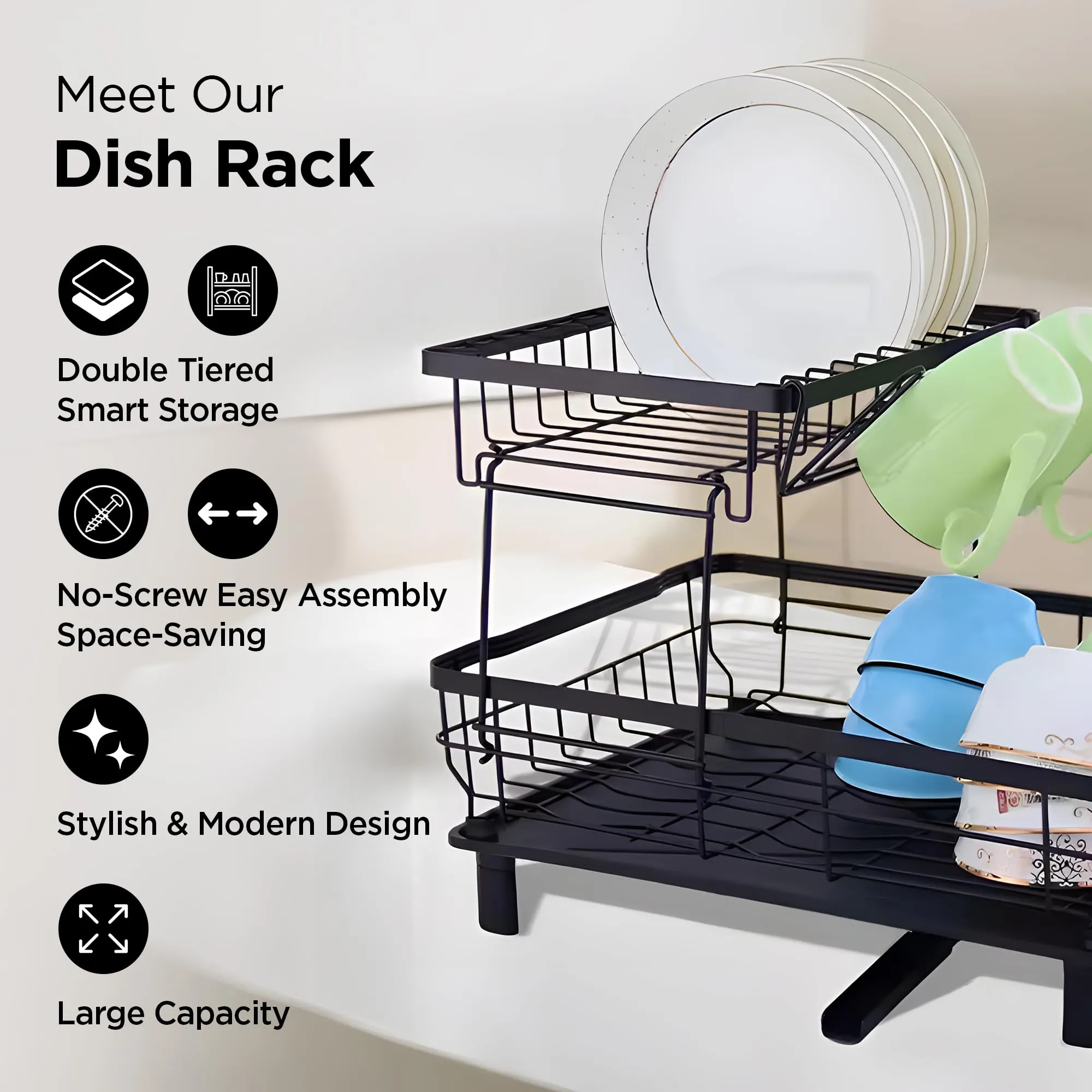 UMAI 2 Tier Iron Kitchen Rack with Utensils Basket Drainer | Dish Drainer Basket for Kitchen | Multipurpose Kitchen Stand | Large Capacity| Space Saving| Black