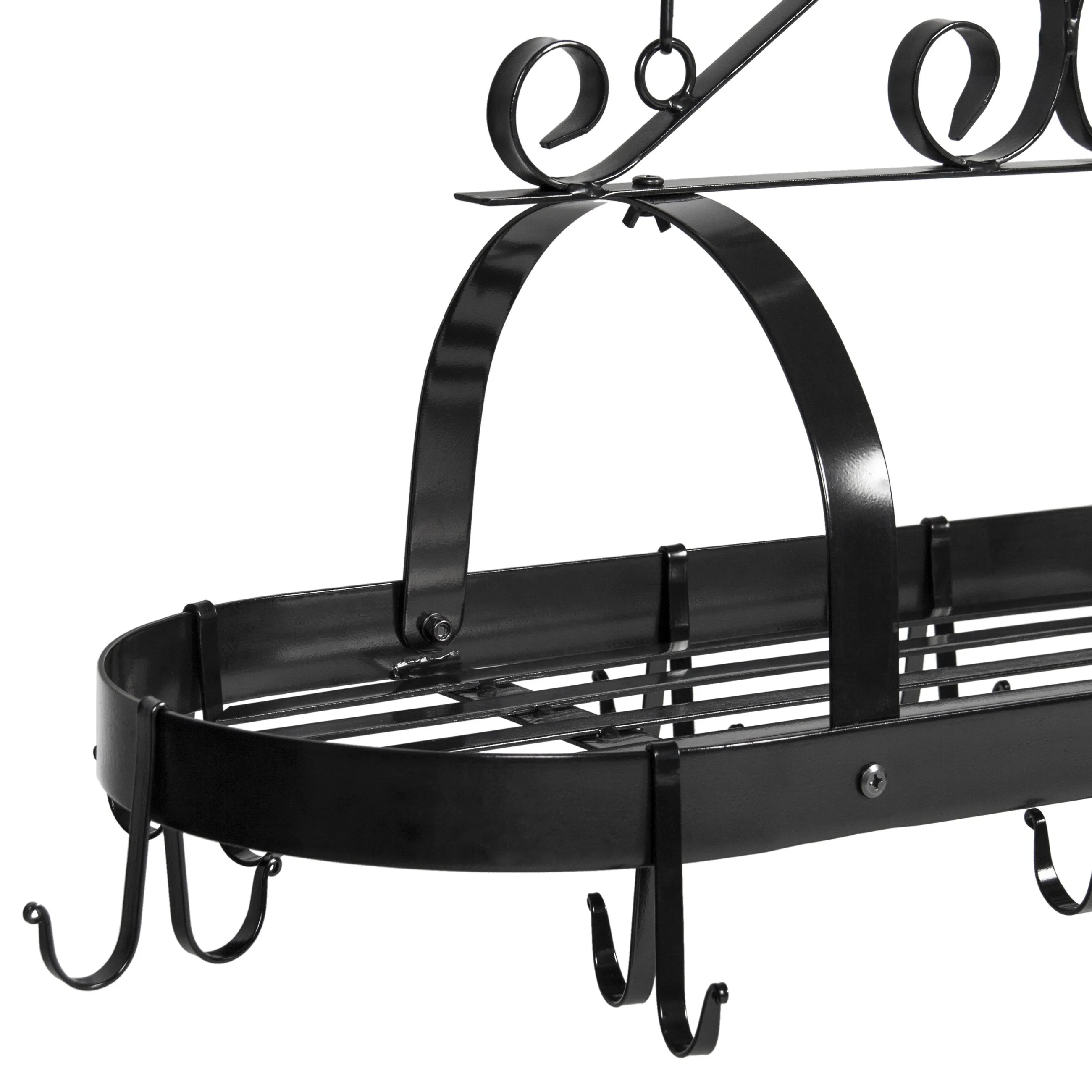 Victorian-Style Hanging Pot Rack Organizer w/ 10 Hooks, Shelf - Black